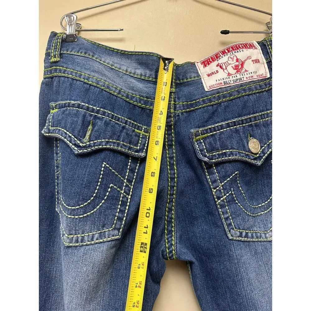 Authentic True Religion Mens Jeans Green Stitch y2k Medium Wash Size 40 FLAWED